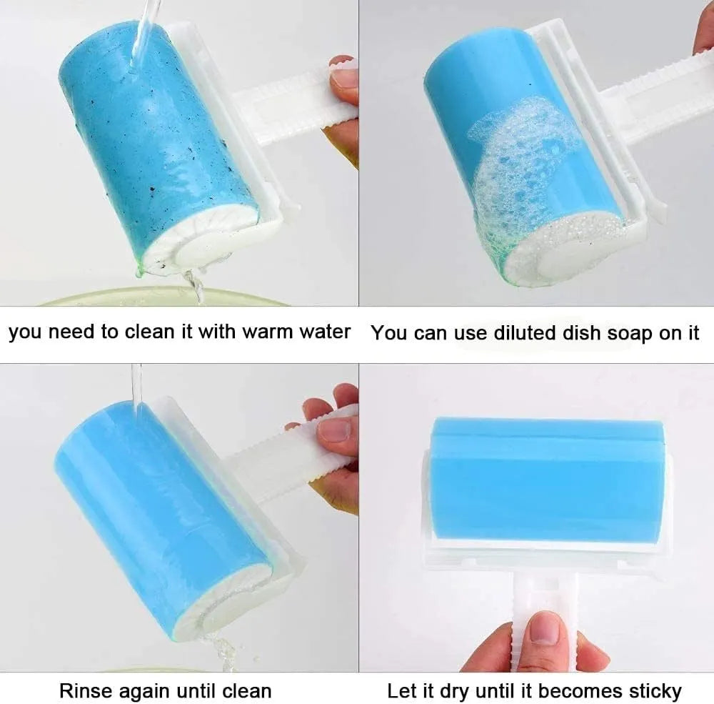 Reusable lint roller with cover in blue, green, pink, and yellow colours for removing pet hair from clothes and sofas