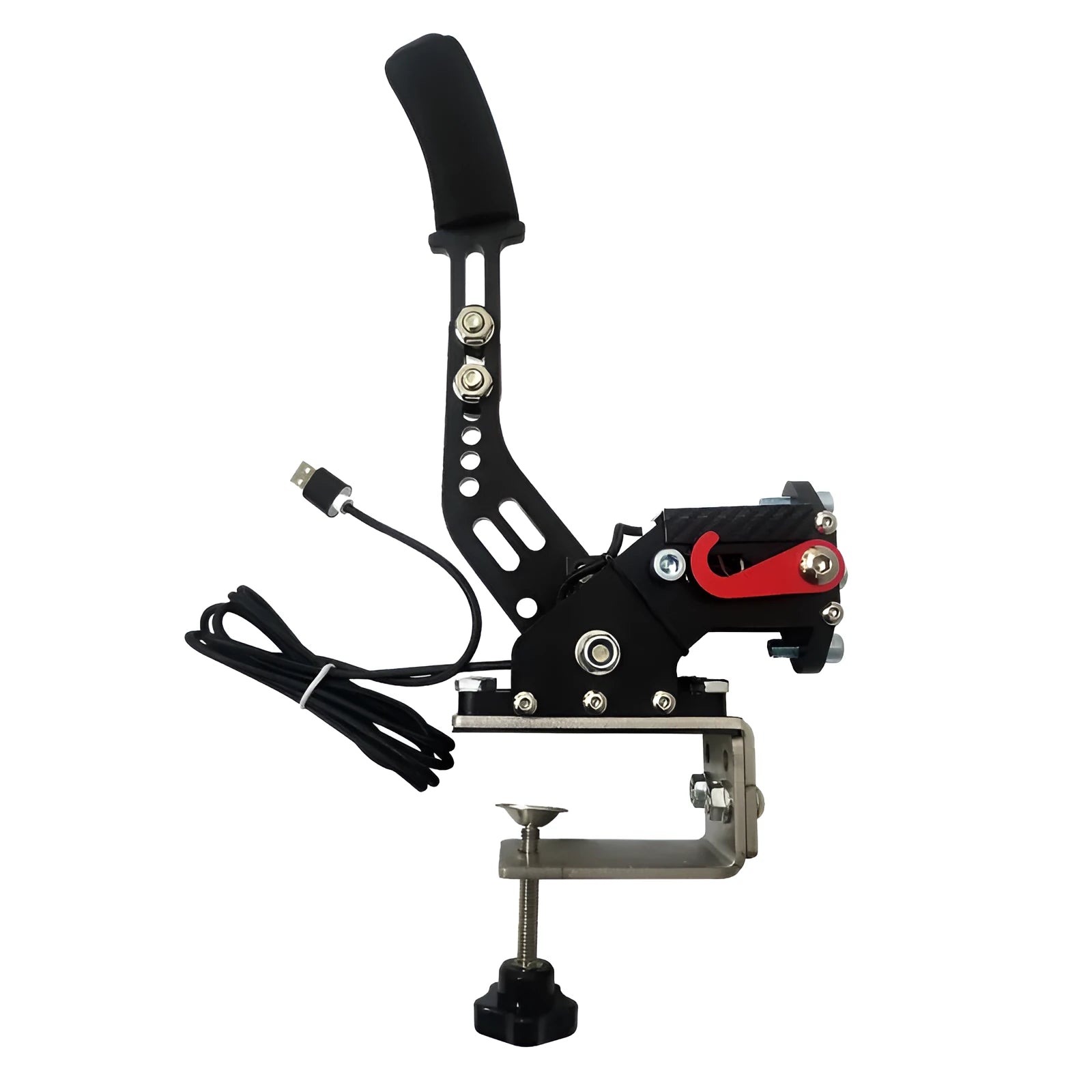 USB linear handbrake for PC racing simulators with aluminium clamp mounted on a wheel base.