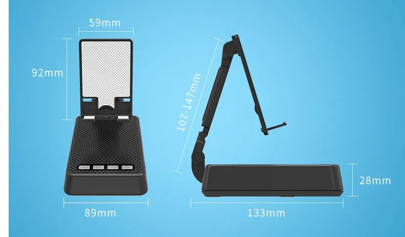 Black mobile phone stand with Bluetooth speaker and microphone for desk use