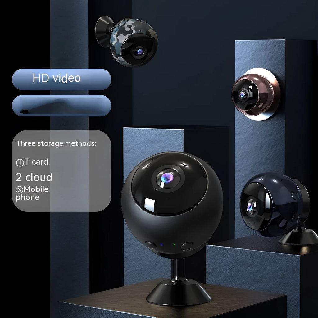 White indoor wireless WiFi security camera with 1080p lens on a plain background.
