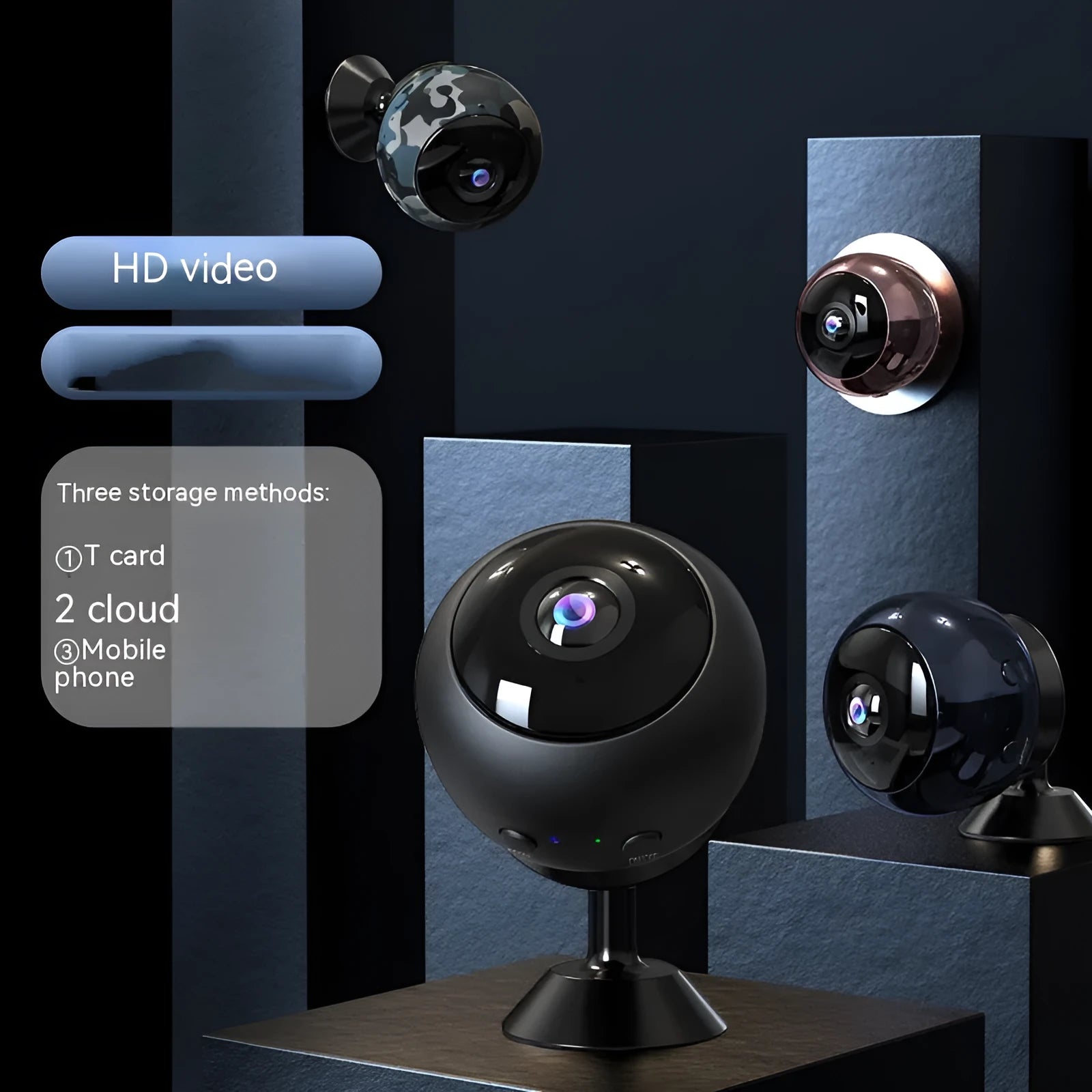White indoor wireless WiFi security camera with 1080p lens on a plain background.
