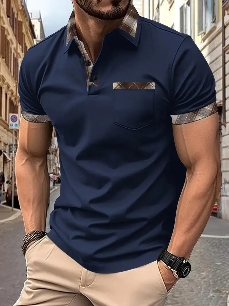 Men's plaid colourblock t-shirt with short sleeves and zipper decoration details