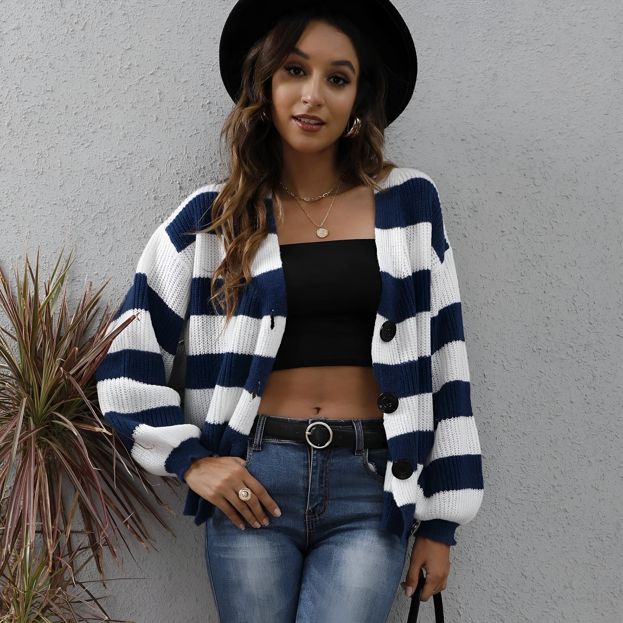 Women's striped cardigan in deer plush fabric with button stitching detail