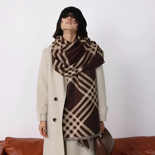 Long brown imitation cashmere scarf with tassels laid flat, showing its 185cm length.