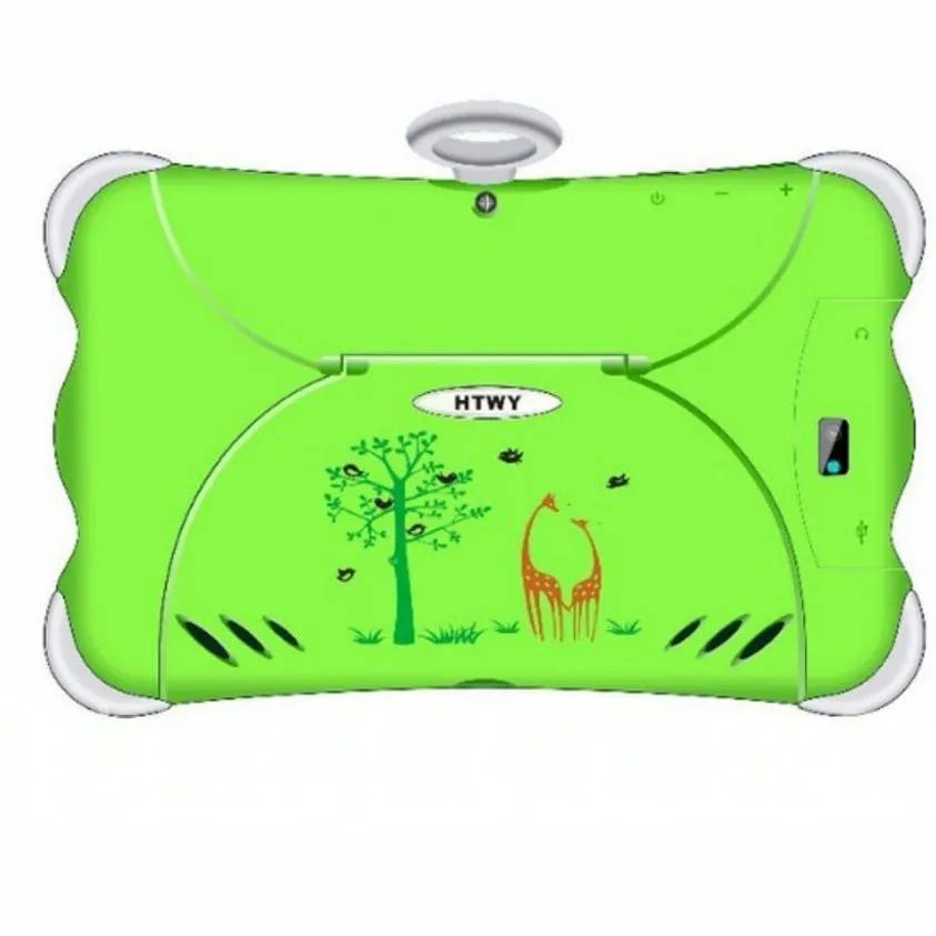 7-inch children's learning tablet in cartoon colours, shown with its foldable stand open, on a table.