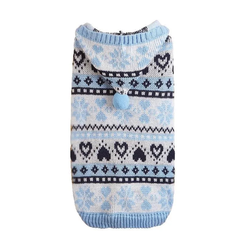 Striped pink blue grey knitted dog sweater with snowflake and camouflage patterns for small Bichon breed.