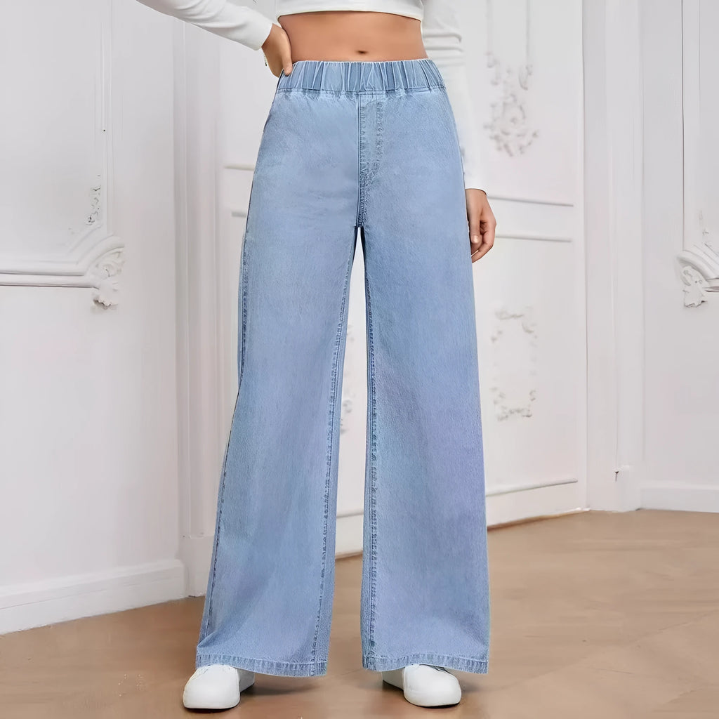Women's light blue wide-leg denim jeans with straight cut and mid waist