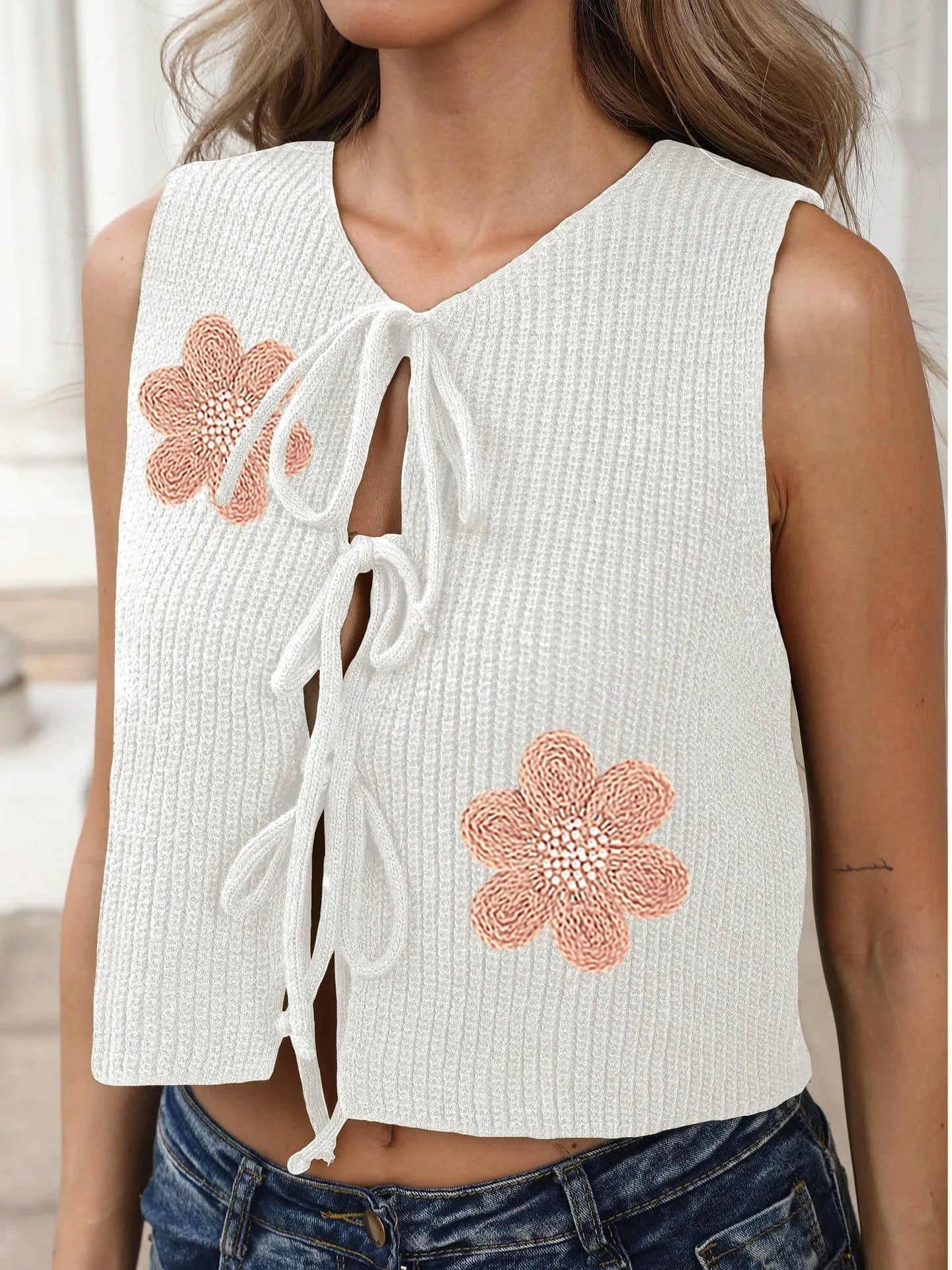 Women's cropped sleeveless vest coat with lace-up bow front in deer plush fabric