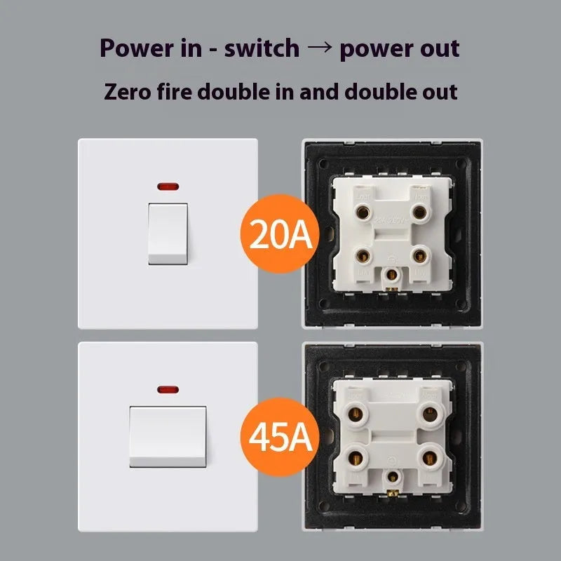 High-current illuminated switch socket for water heaters and air conditioners in gold, grey or white