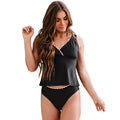 Solid black women's sleeveless bikini swimsuit set on a mannequin.