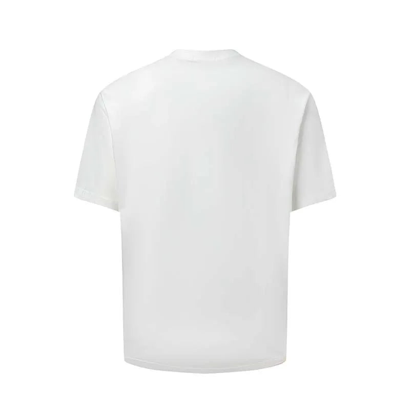 Men's white cotton blend t-shirt with black letter printing showing American retro style loose fit design