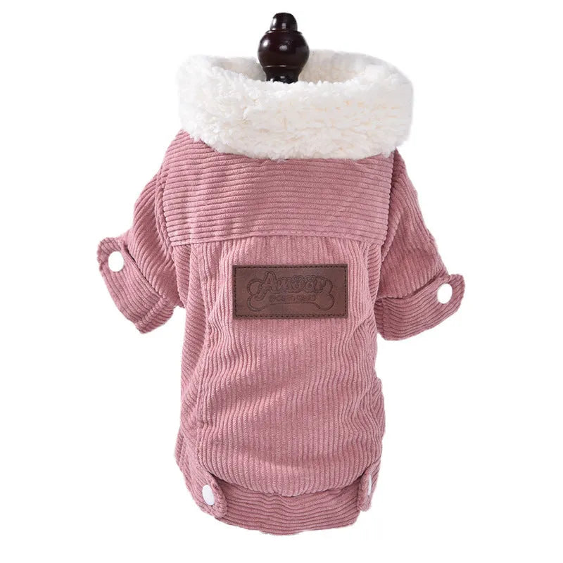 Lambswool fleece-lined padded vest for dogs and cats in grey or pink, shown in size range XS to XXL.