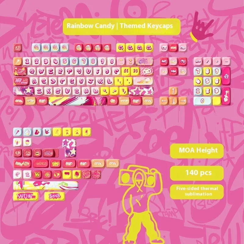 Sublimation printed cartoon pig party themed keycap set for mechanical keyboard, showing full 138-key layout.
