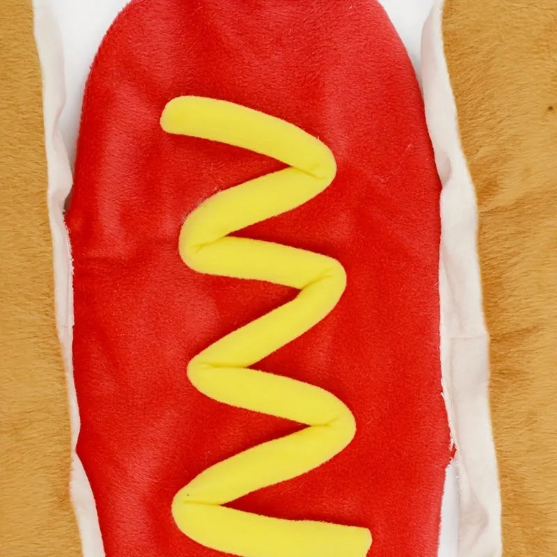 Hot dog costume for small to medium dogs and cats in stuffed design with three size options