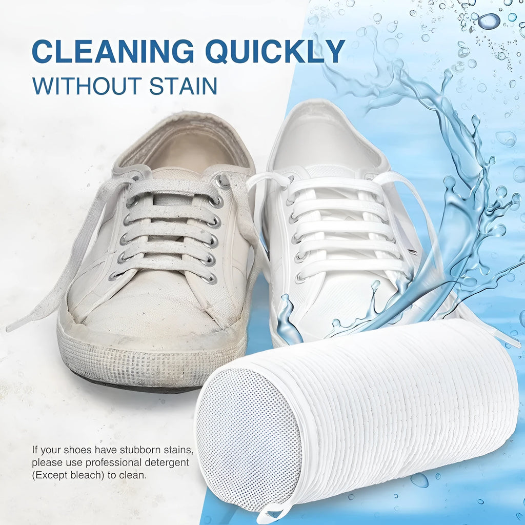 White shoe washing laundry bag made of polyester with fluffy fibres for machine wash protection