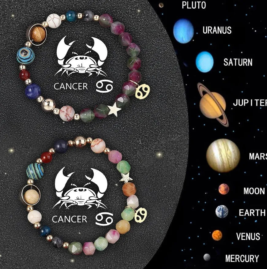 Two natural stone beaded bracelets showcasing zodiac sign designs on a selection card.