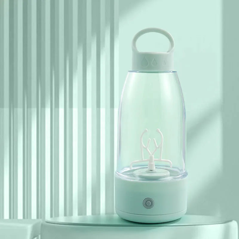 Automatic electric shaker bottle with USB port and handle in green, pink, or white