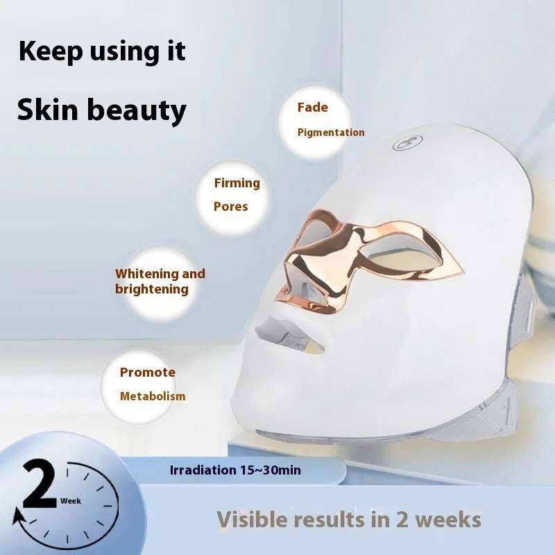 Rechargeable LED light therapy facial beauty mask in black, white, or rose gold trim.