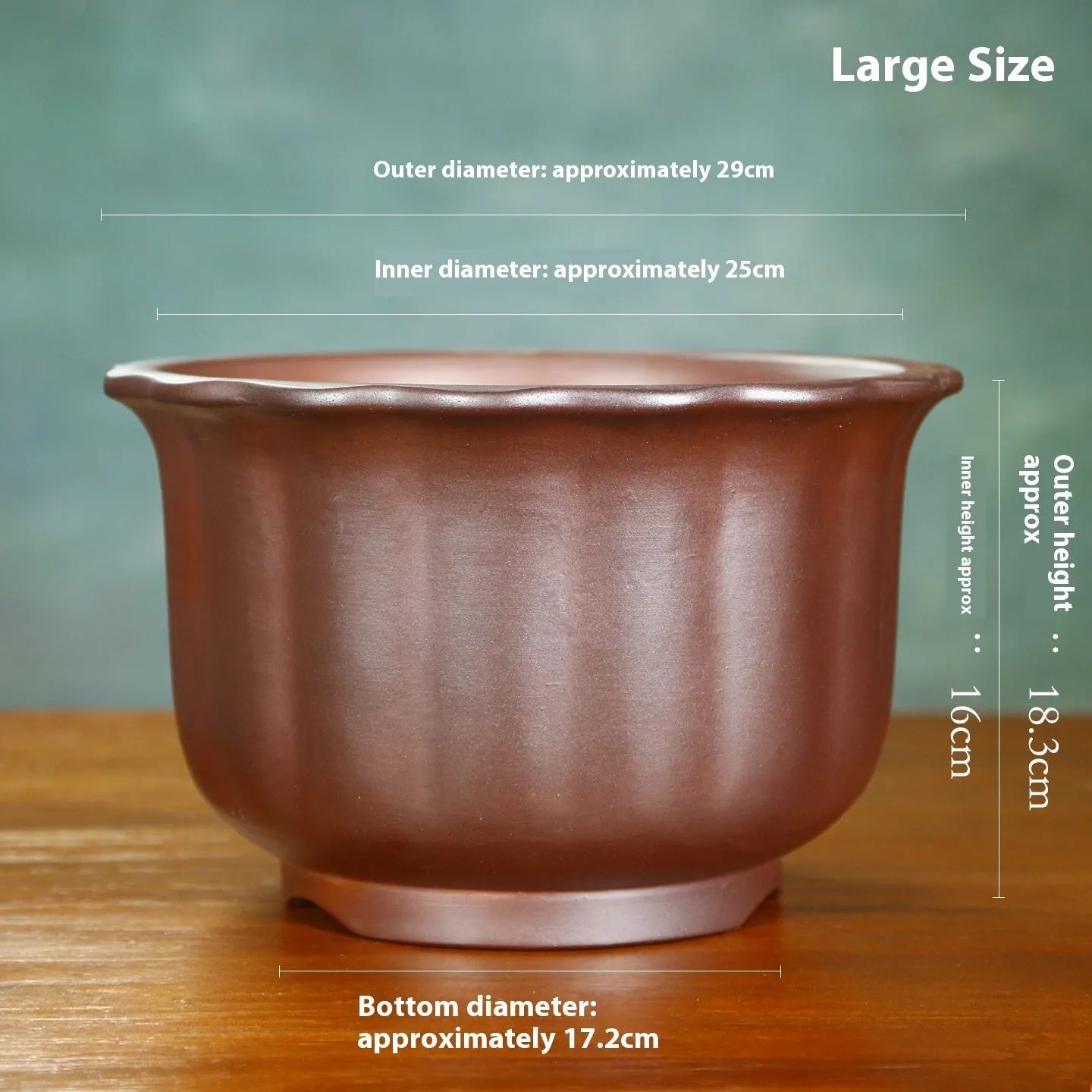 Indoor antique carved ceramic flower pot in purple sand clay with old pile texture