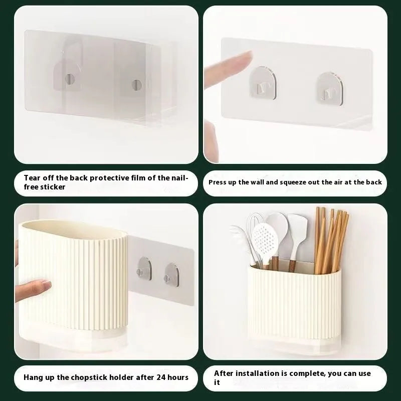 Cross-ventilation chopsticks holder with wall-mounting cage for kitchen utensil organisation in plastic construction