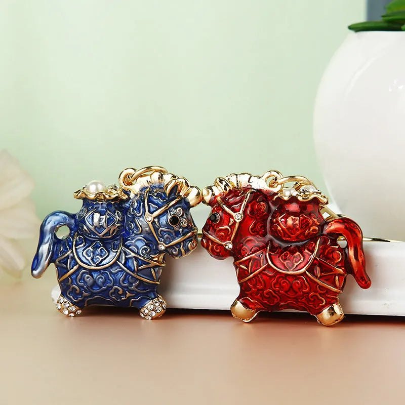 Chinese style alloy diamond-embedded fortune car key ring in red with lucky rope design