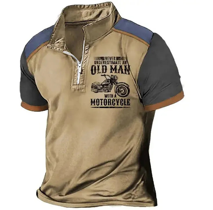 Men's grey casual polo shirt with a lapel collar, short sleeves, and a white digital letter print design on the chest.