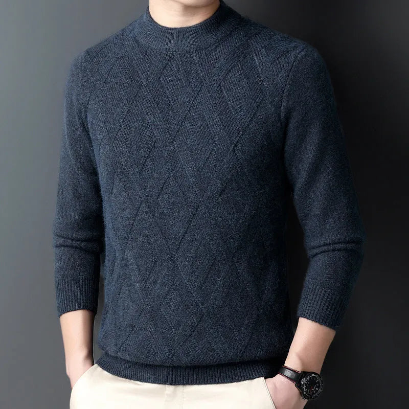 Men's thicken thermal diamond jacquard pullover sweater in light camel colour