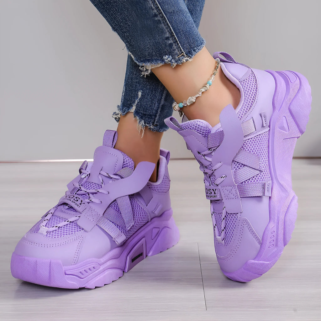 Women's platform mesh dad sneakers in various colours on a white background.