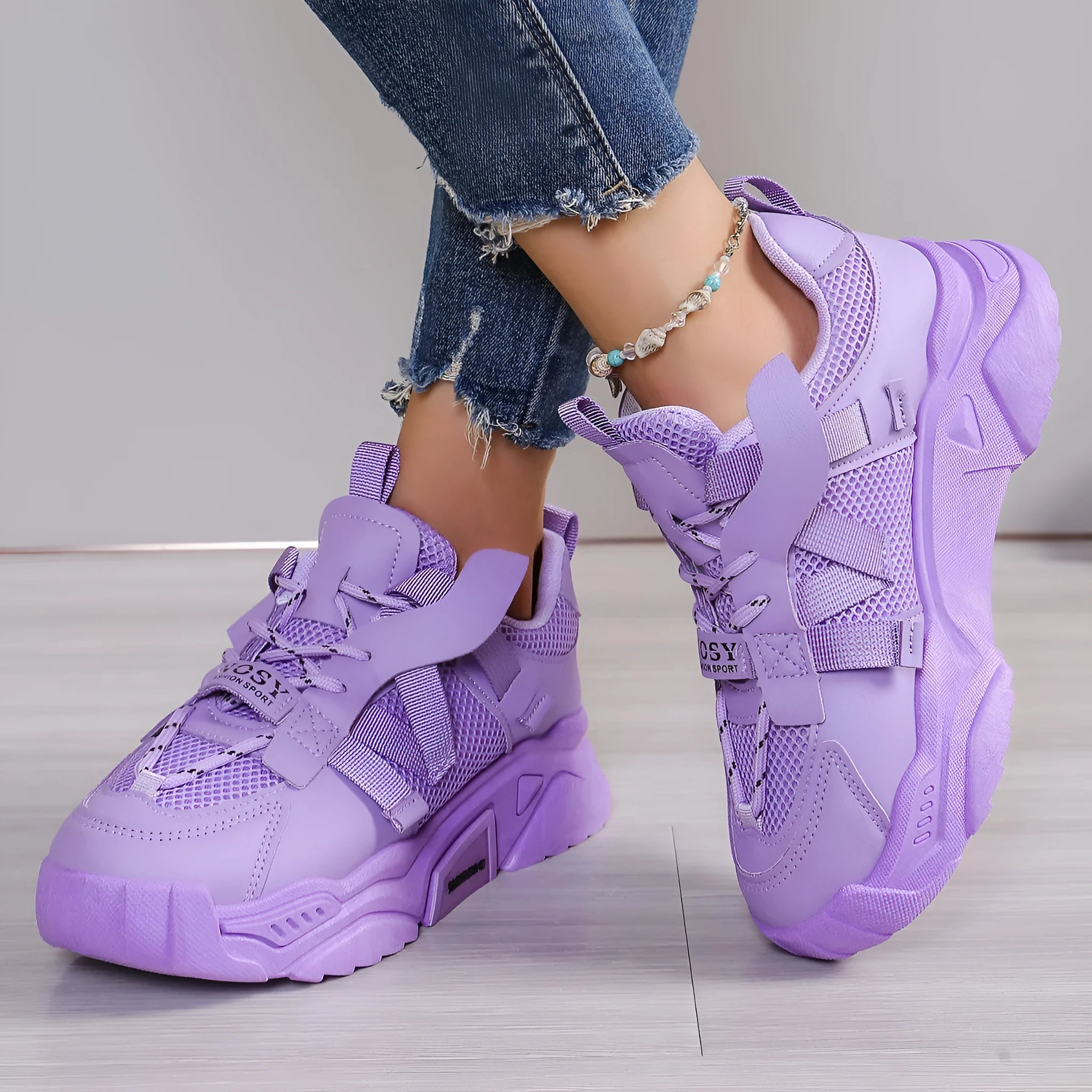 Women's platform mesh dad sneakers in various colours on a white background.