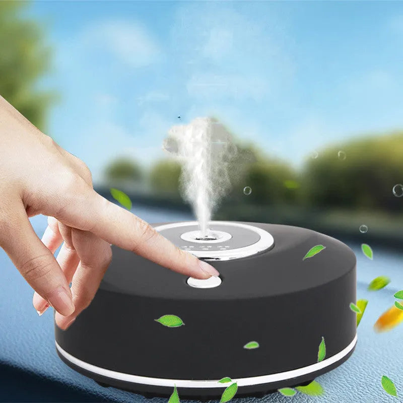 USB-powered plastic car air freshener holder in black, grey, or white colour with charging cable.