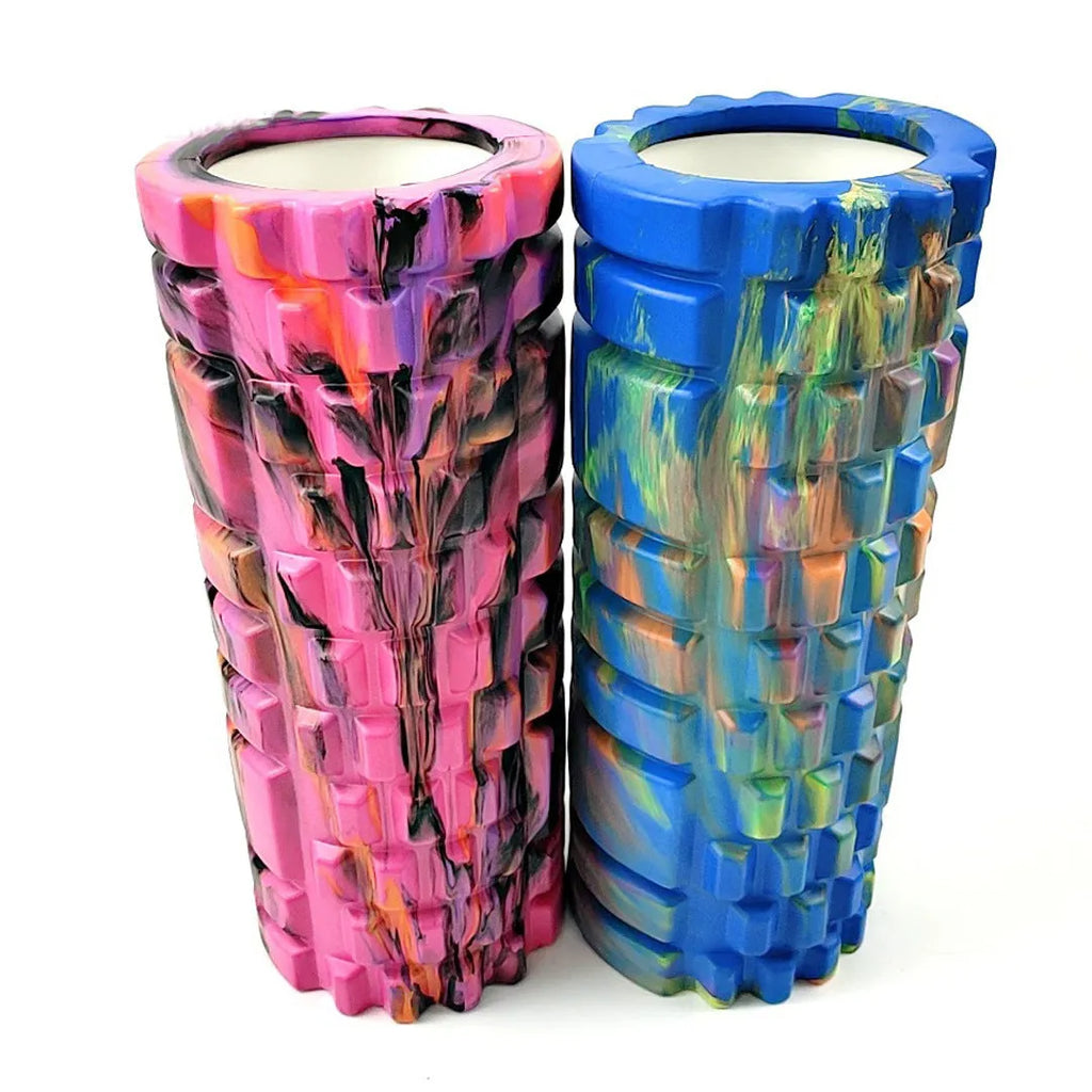 33cm camouflage pattern EVA foam roller in blue green yellow colour shown on exercise mat