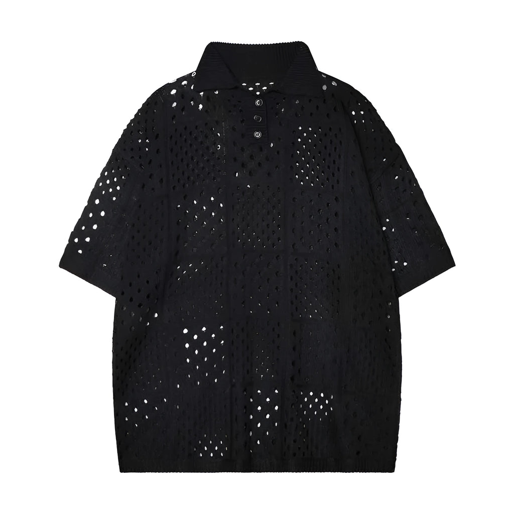 Solid black loose-fit knitted short-sleeved polo shirt for teenagers on a hanger.