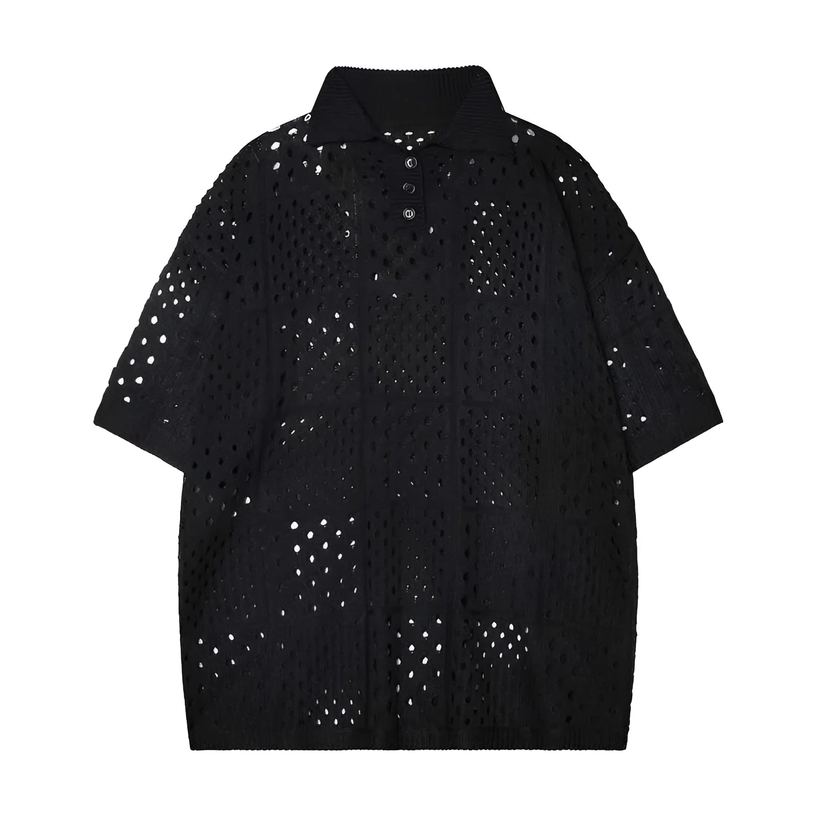 Solid black loose-fit knitted short-sleeved polo shirt for teenagers on a hanger.
