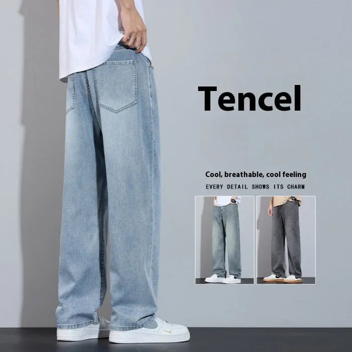 Man wearing straight-leg light blue denim casual trousers for leisure