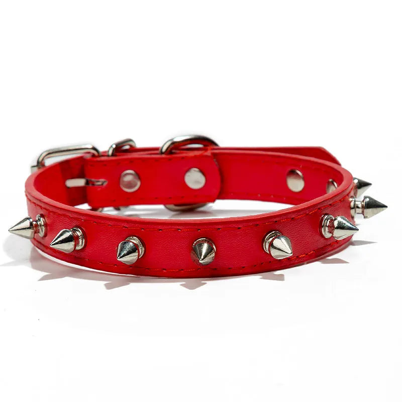 Studded PU leather dog collar in black with metal decorations and an alloy buckle.