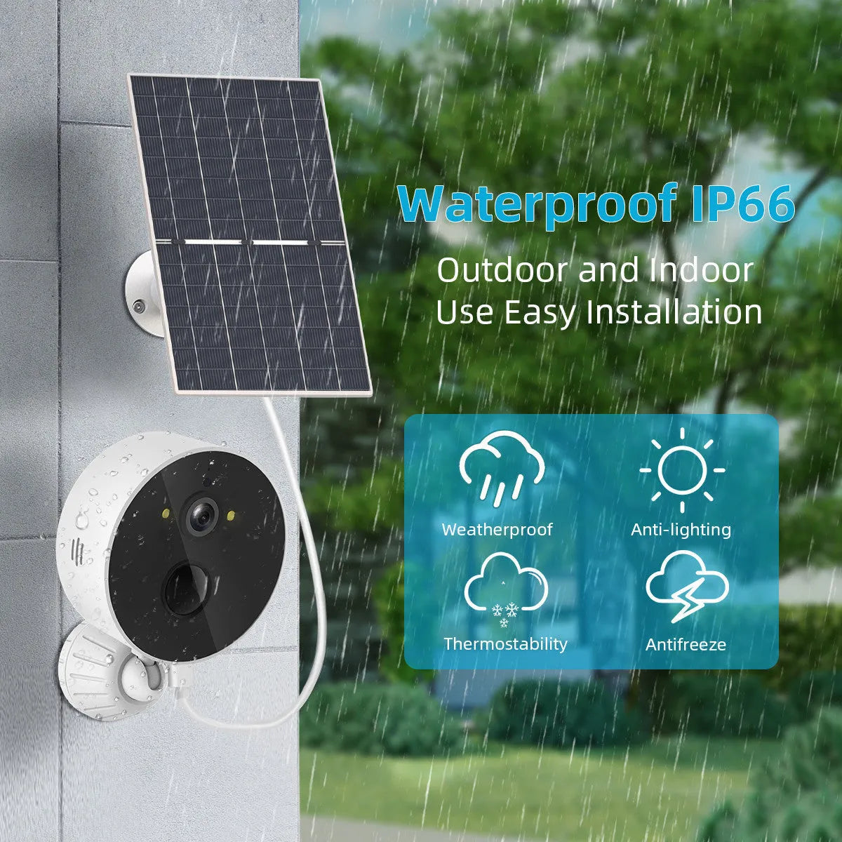 Solar security camera with attached solar panel for outdoor wireless monitoring