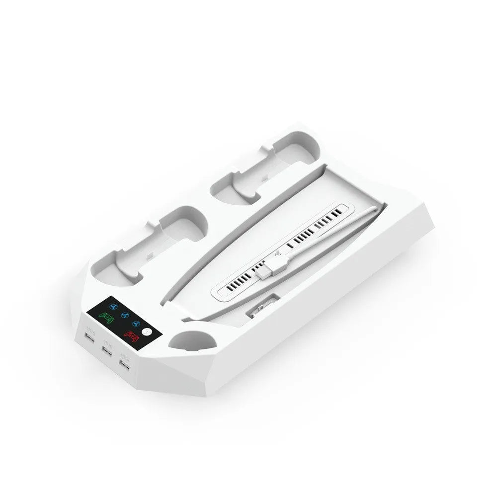 White PS5 charging dock and cooling base station with controllers and headset on display