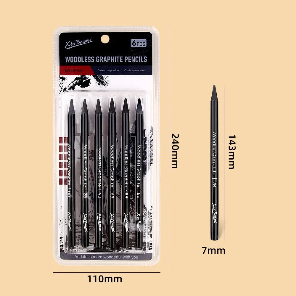 Set of six graphite sketching pencils for art, showing wood-free full lead construction.