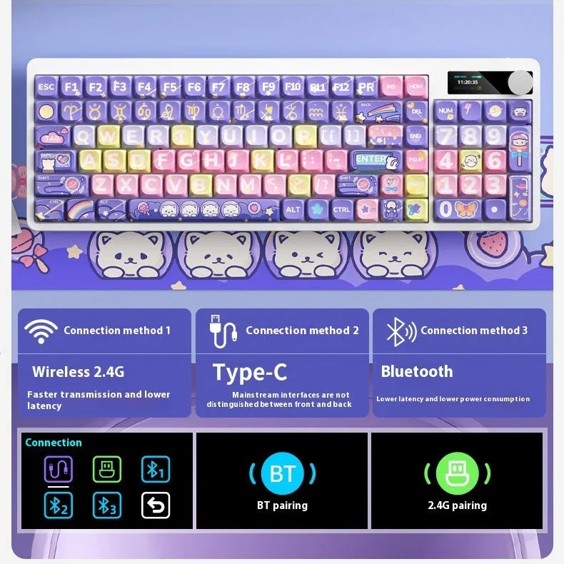 Black mechanical gaming keyboard with RGB backlighting and custom keycap designs