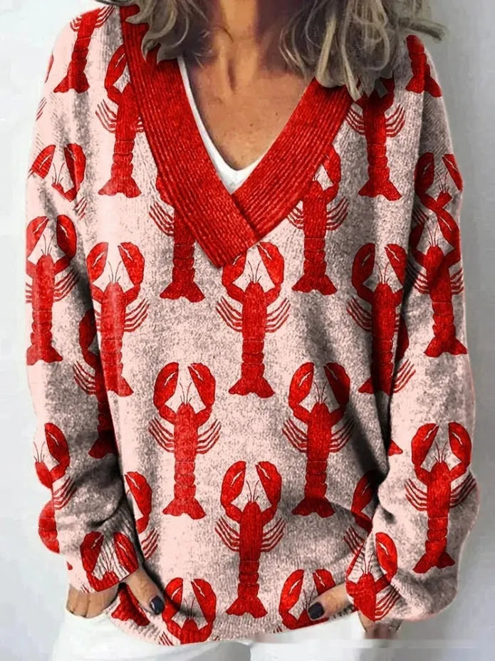 Women's V-neck sweatshirt with 3D floral pattern print and long sleeves