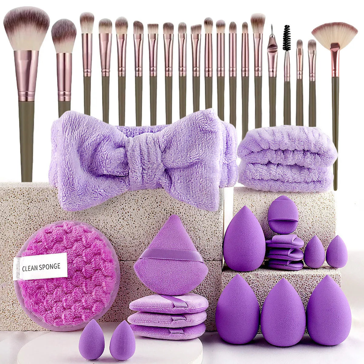 Hydrophilic non-latex beauty tools combination set with multiple cosmetic applicators for face washing and makeup