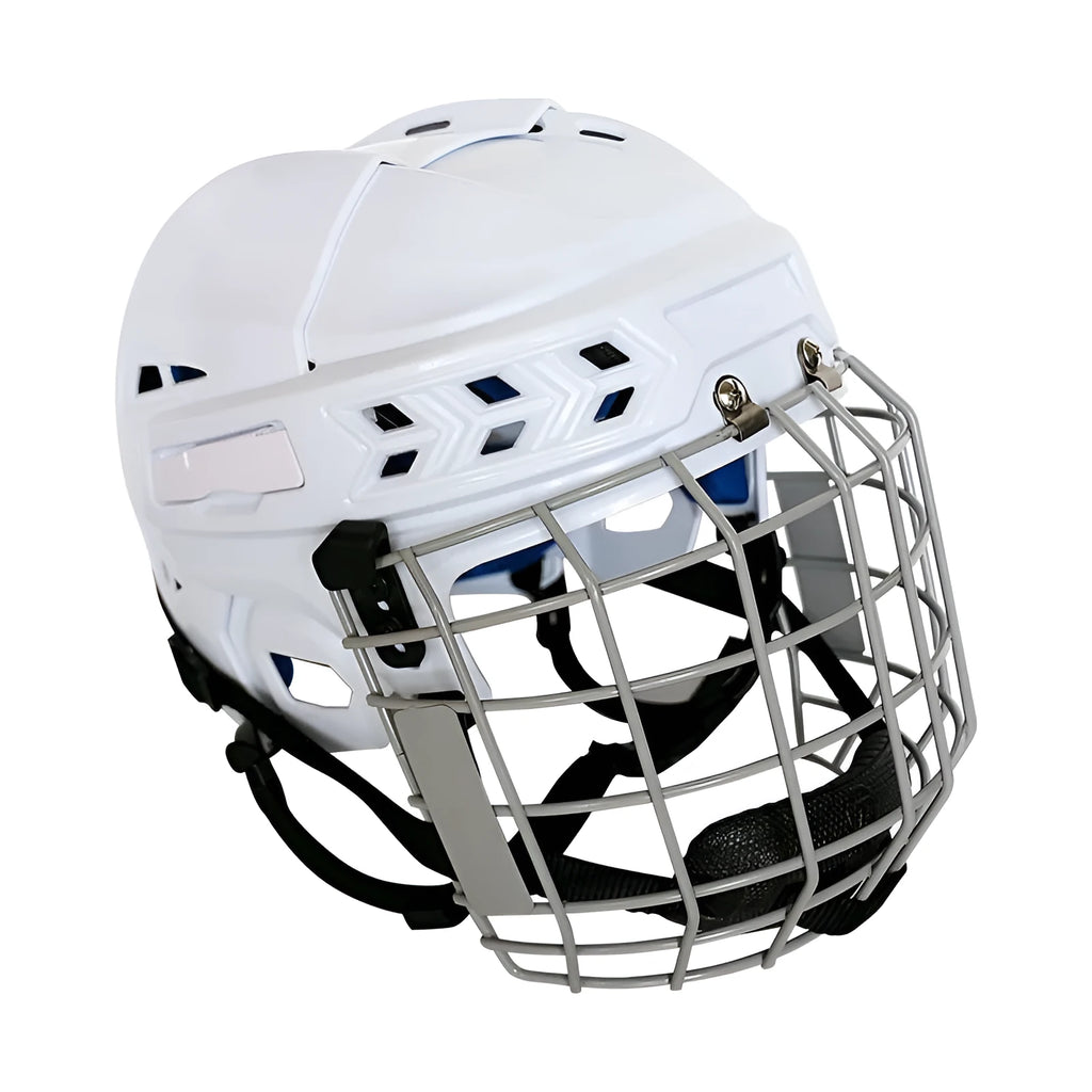 Ice hockey helmet with a carbon steel face mask and cushioned interior lining.