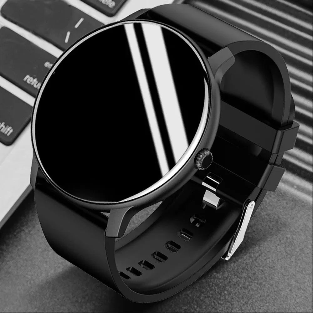 Black Bluetooth smart sports watch with circular screen on a silicone wristband