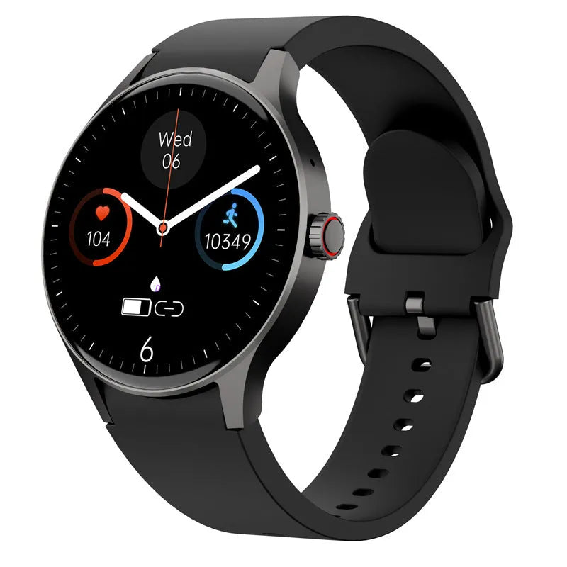 Round smartwatch with colour touchscreen display showing fitness metrics on wrist