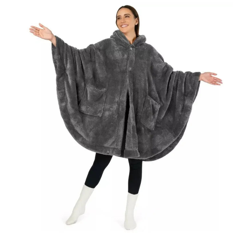Thickened hooded cloak bathrobe in polyester fabric shown in three colour options: black, dark grey and pink