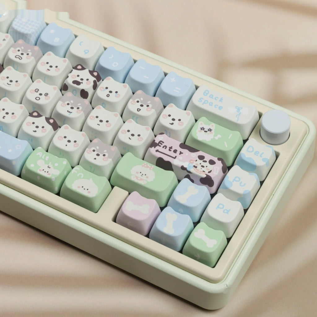 Full set of PBT key caps for mechanical keyboards with colourful cat and puppy sublimation designs.