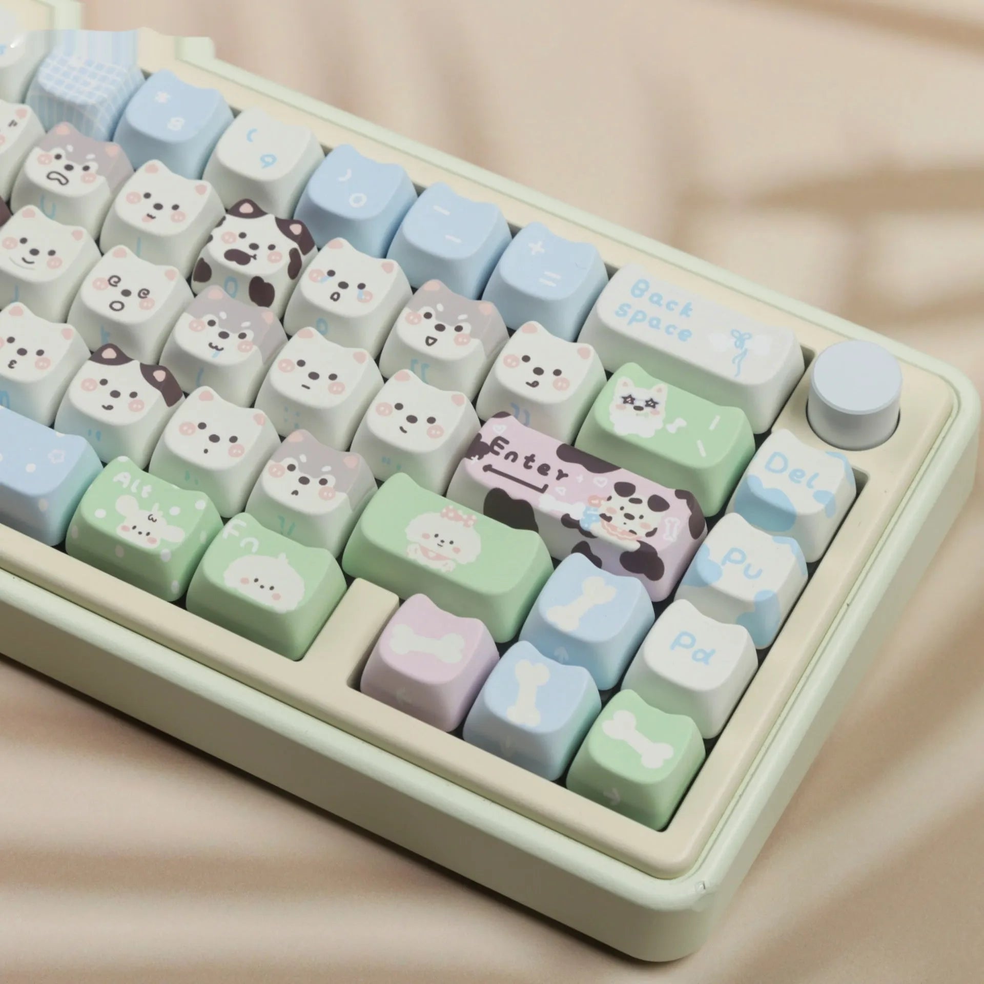 Full set of PBT key caps for mechanical keyboards with colourful cat and puppy sublimation designs.