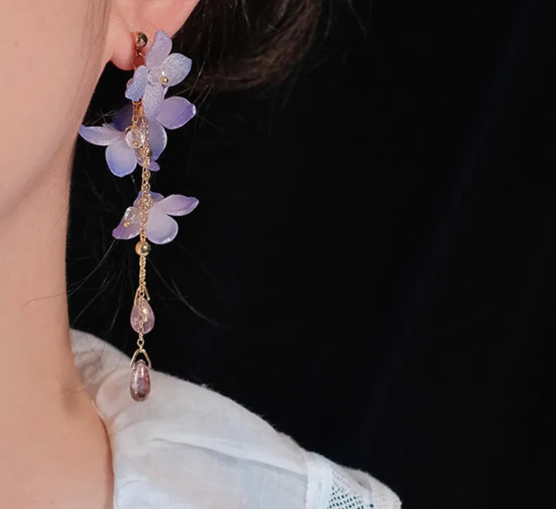 Handmade cold blue purple flower long tassel water drop earrings with gold-plated inlaid stone