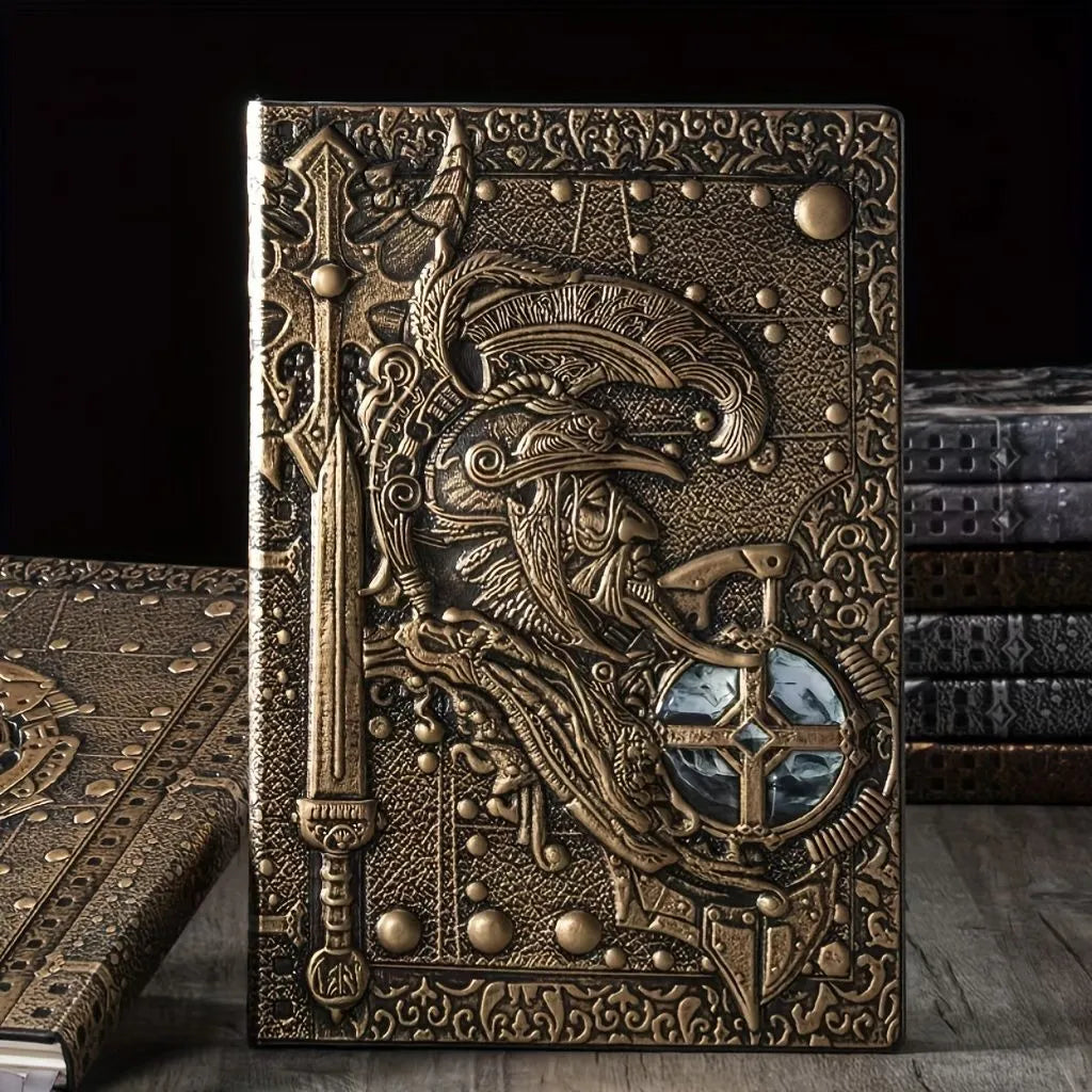 A5 leather notebook with embossed 3D warriors design on the cover.