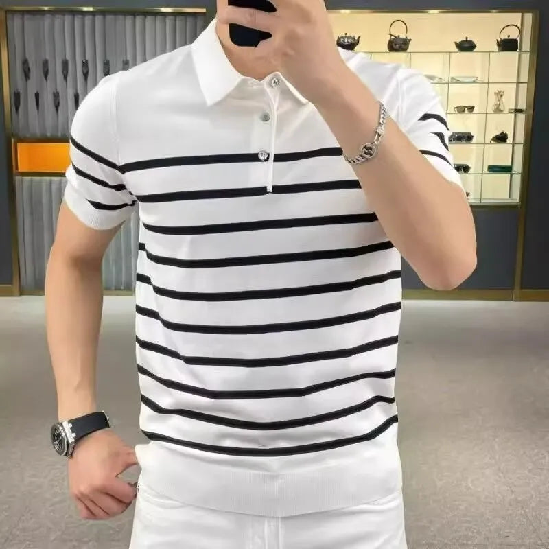 Black and white striped lapel knitted long sleeve T-shirt, crew neck pullover style.